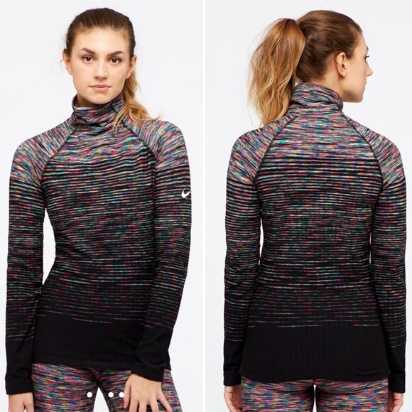 Nike Tops - Nike Pro Hyperwarm Rainbow Stripe Black Long Sleeve Mock Neck Top Fleece Lined